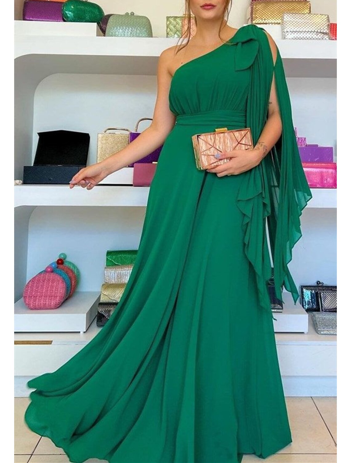 A-Line Evening Gown Party Dress Christmas Red Green Dress Elegant Formal Wedding Guest Sweep / Brush Train Sleeveless One Shoulder Capes Chiffon with Ruffles 2025